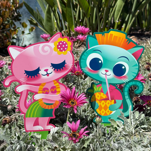 Jeff Granito's 'Tropical Spring Cats' Metal Yard Stakes Set of TWO (2) - Pre-Order