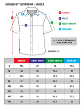 Diagram of Jeff Granitos Tiki Kong modern fit unisex button-up shirt includes measurements labeled A (Length), B (Chest), C (Sleeve Length), D (Shoulder). Size chart ranging from S to 5XL in inches. Features a 3-inch side vent. Available for pre-order.