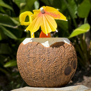 Savor a tropical drink in the Kokomo Coconut Ceramic Tiki Mug, designed to resemble a natural coconut shell with a festive yellow paper umbrella and curly straw. Perfectly set against lush green leaves for that island vibe. Pre-order now—limited availability!.