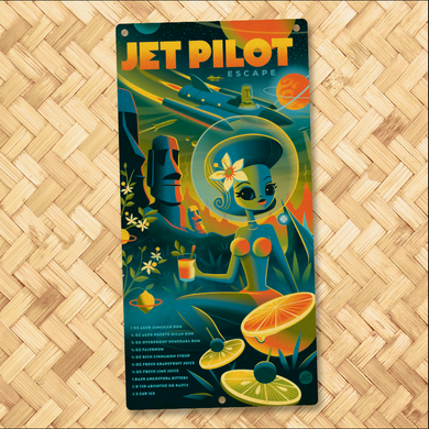 Jeff Granitos Tiki Cocktail Menu Series: #2 Jet Pilot metal sign features a retro-style poster of a futuristic woman with a cocktail, set against tropical elements and a starry sky on what resembles woven bamboo—a perfect addition to your home bar.