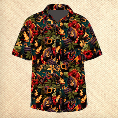 The Tiki Kong Modern Fit Button-Up Shirt by Jeff Granito boasts a vivid skull and flame design with tropical flowers and leaves on a dark, woven-look background, creating a bold and dynamic visual. Available for pre-order in unisex sizing.