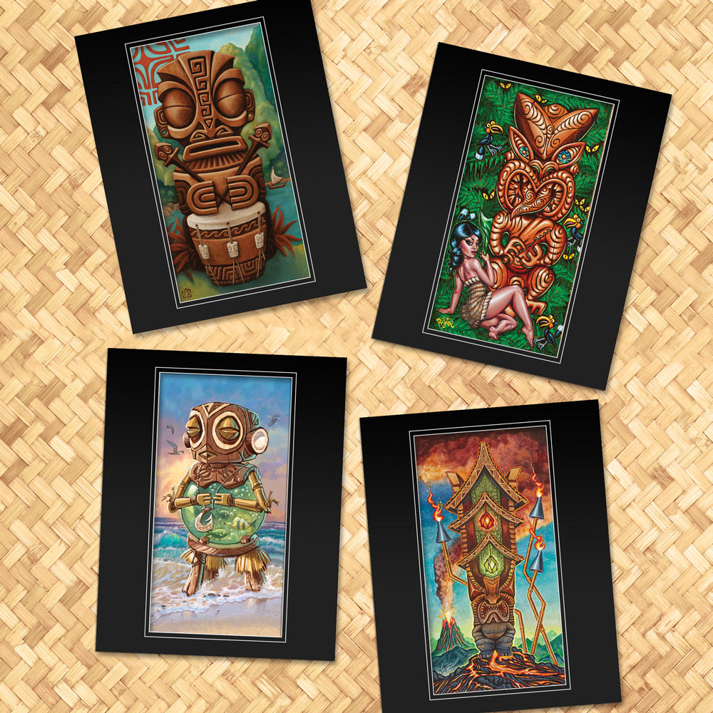 TikiLand Trading Co. 'The Four Tikis' 11X14 Matted Print Set (4